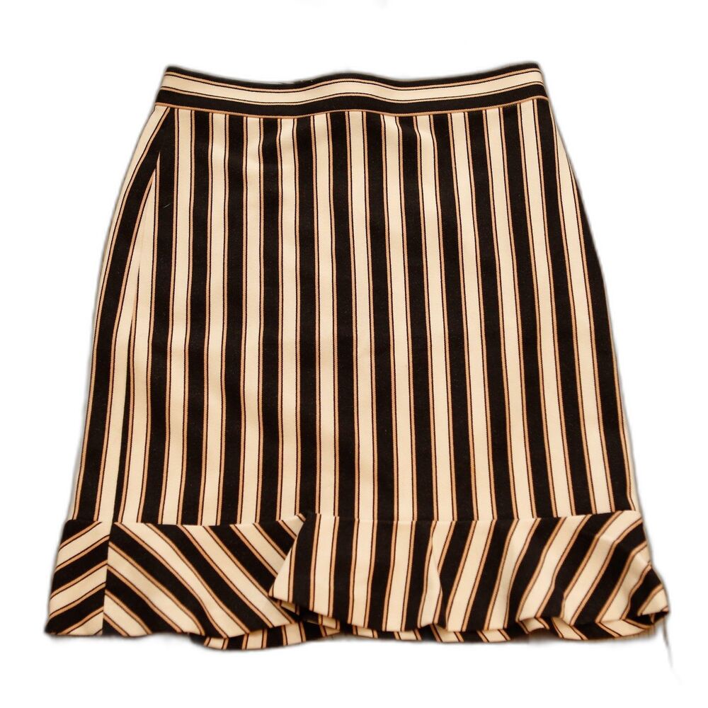 Ann Taylor Striped Skirt Ruffle Hem Black Cream Gold  A-Line Size 0